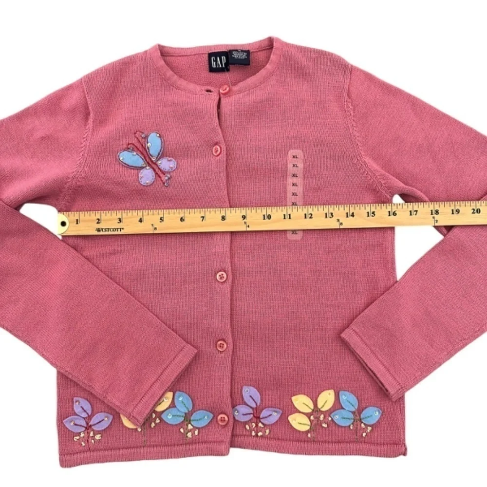 Gap Girls Cardigan Sweater XL Pink Flower Butterfly Appliqués Artsy NEW